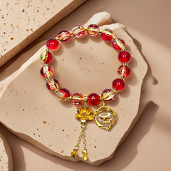 Wealth-Summoning Pig Bracelet: Vermilion Gold & Sunset Blaze Glass Beads