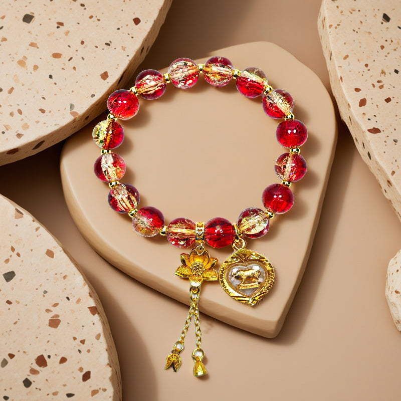 Wealth-Summoning Pig Bracelet: Vermilion Gold & Sunset Blaze Glass Beads