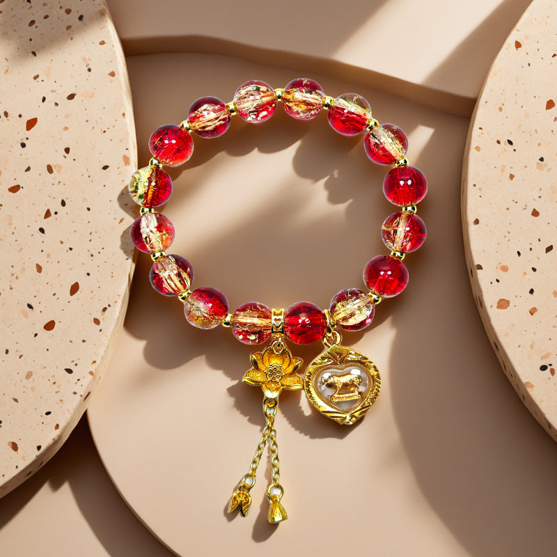 Wealth-Summoning Pig Bracelet: Vermilion Gold & Sunset Blaze Glass Beads