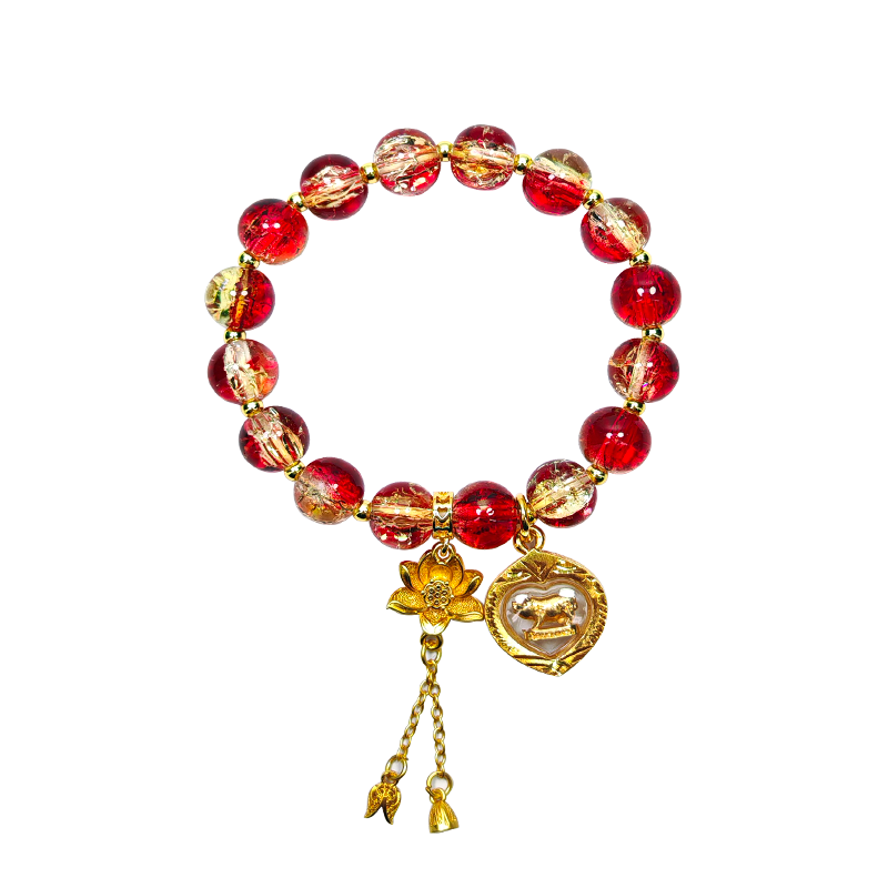 Wealth-Summoning Pig Bracelet: Vermilion Gold & Sunset Blaze Glass Beads